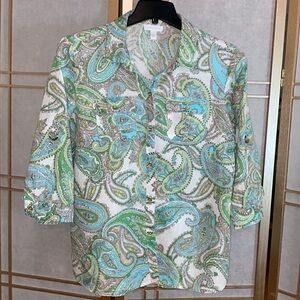 Charter Club linen top, paisley blues and greens, women’s size Large